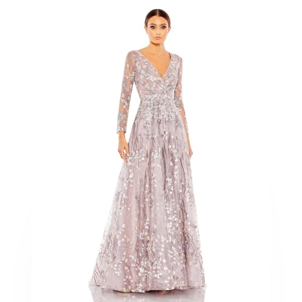 Mac Duggal 20402 EMBELLISHED WRAP OVER ILLUSION LONG SLEEVE A LINE GOWN